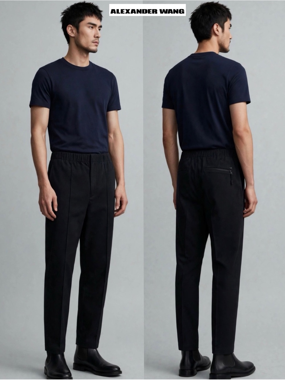 Alexander Wang Black Tapered Trousers Elastic Waist Sheepskin Trim L Minimalist